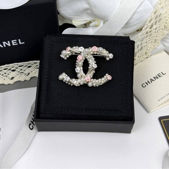 CHANEL Jewelry - Chanel Silver and Pink Pearl Brooch